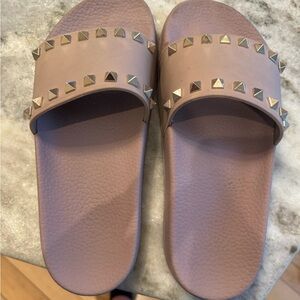 Valentino Garavani Mauve Slide Sandals with Gold Pyramid Studs - Women